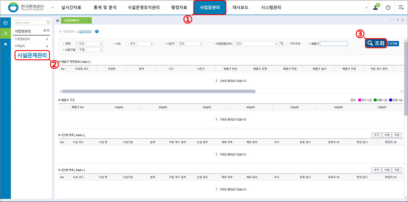 운영시스템 접근 : 사업장관리 > 시설관계관리