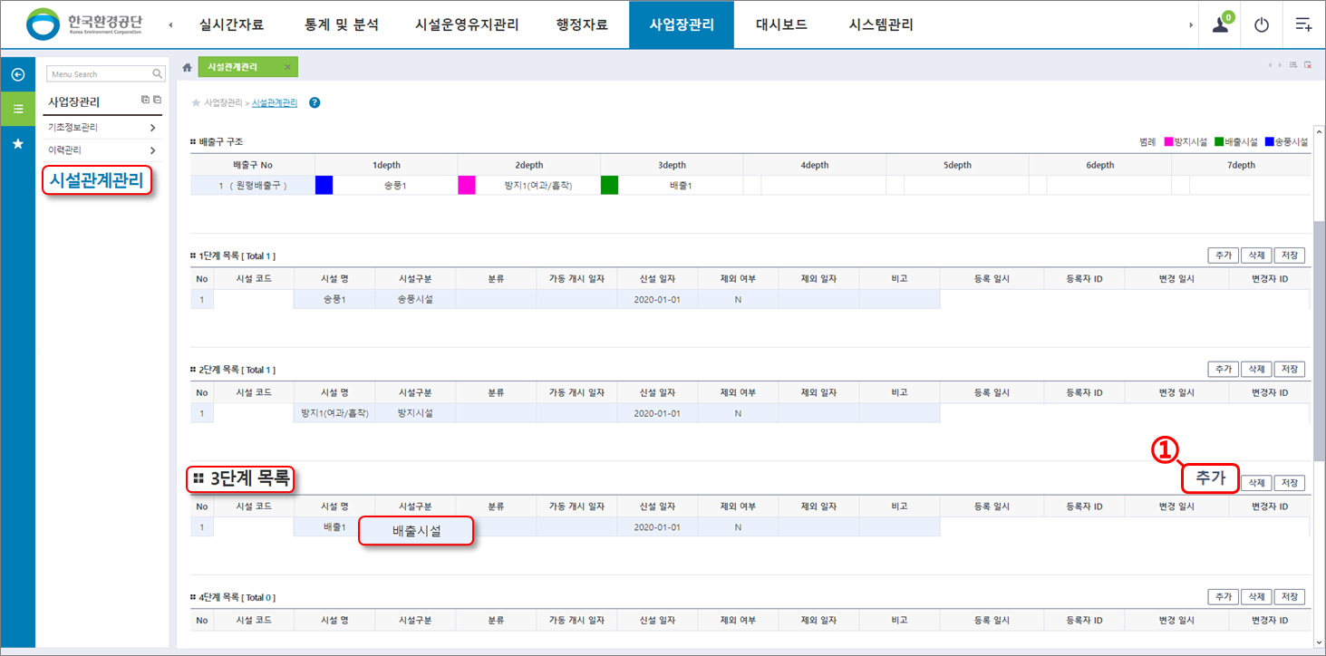 운영시스템 접근 : 사업장관리 > 시설관계관리(배출시설, 3단계)